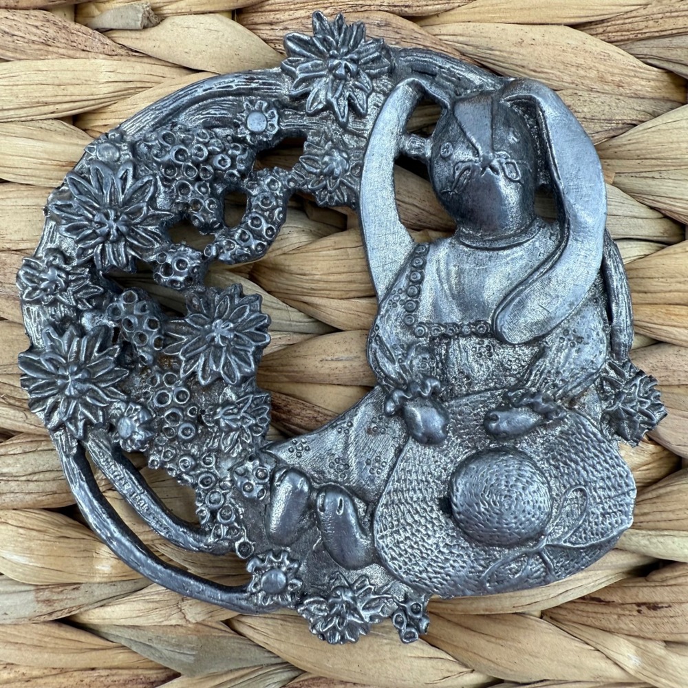 Vintage Pewter Bunny Rabbit Floral Round Easter Spring Candle Jar Cover Cottage